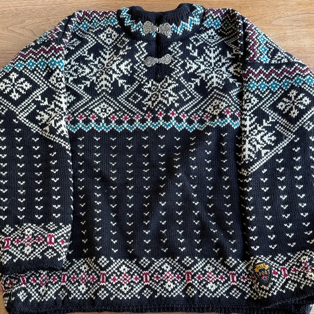 Dale of Norway Blue Wool Gore-Tex Nordic Sweater with Teal & Pink vintage